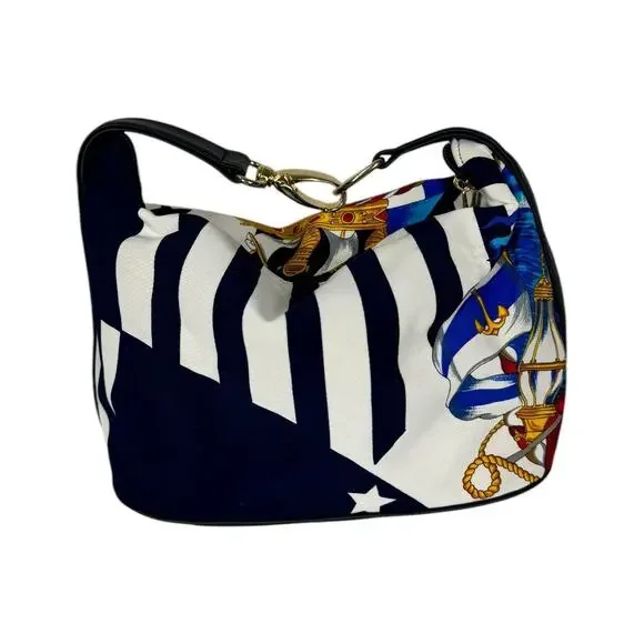 Vintage Aronni Romana Sailing Flag Print Handbag Nautical Florence Italy Navy - Picture 4 of 14
